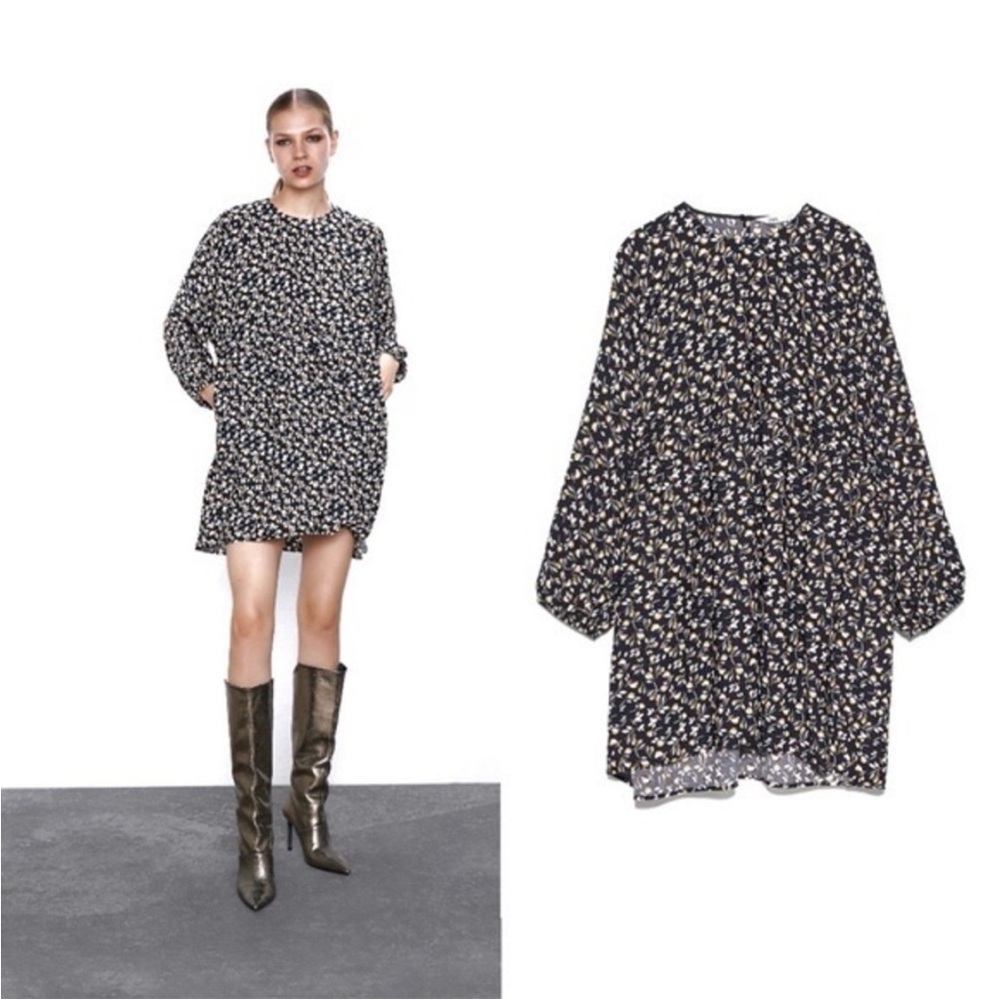 Zara Black and Yellow Floral Oversized Babydoll Dress in Size Medium - Picture 1 of 6
